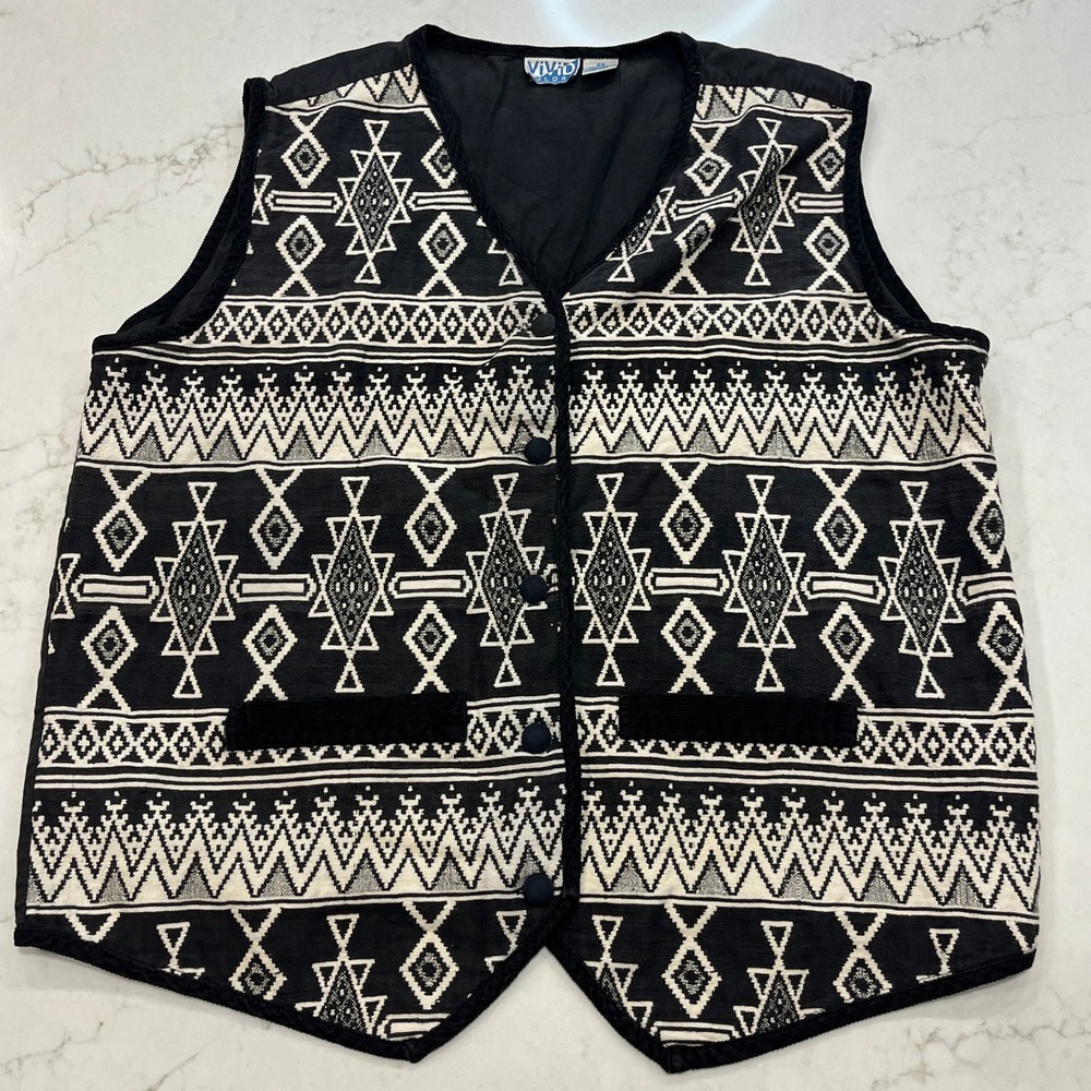 Vivid Colors Tapestry Vest Women 2X Black White Cotton Aztec Southwest Vest FLAW